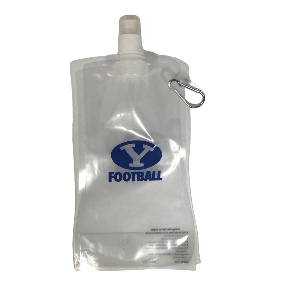 BYU Cougars Football Collapsible Water Bottle Clear Blue Logo with Carabiner